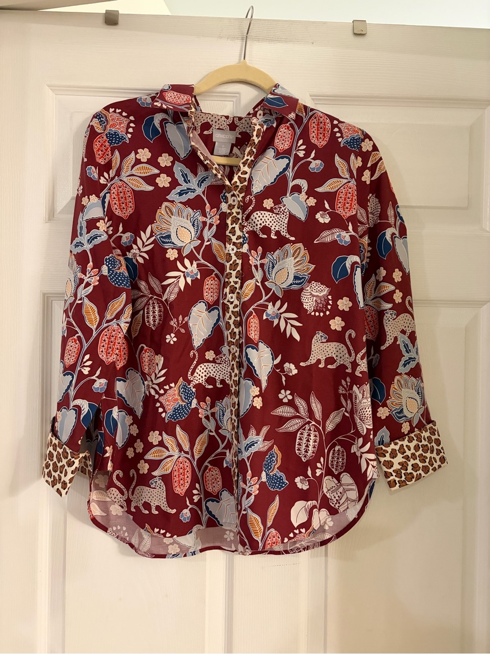 Chico's No Iron Chic Stretch Burgundy Floral Cheetah Mixed Print Button-Up Shirt